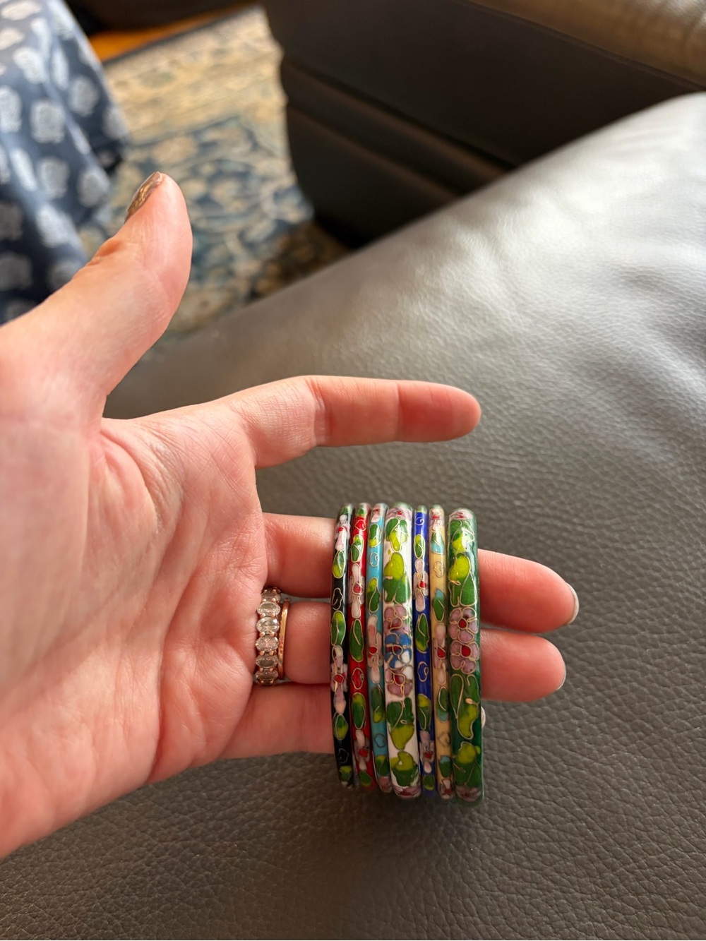Floral Cloisonné Stackable Bangle Bracelet Set - Green